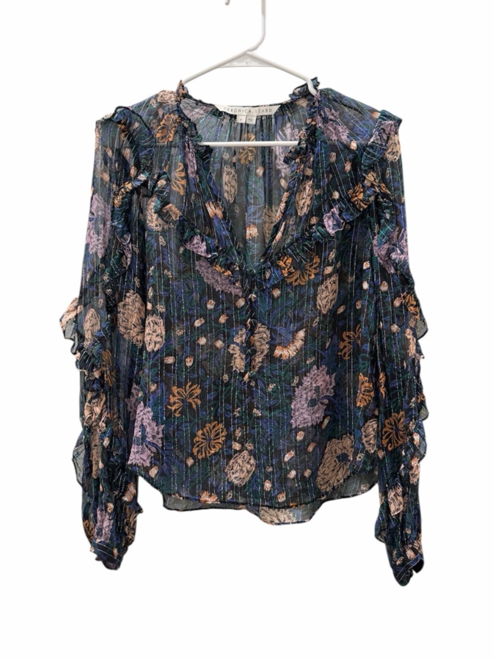 Veronica Beard Abra Floral Print Silk Blouse In Black Multi Size 6 - Picture 2 of 4